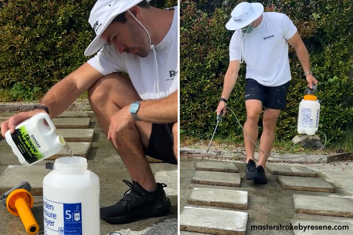 man pours cleaning product into sprayer the applies it to pavers