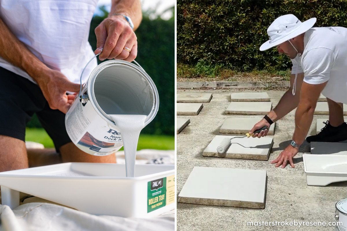 man pouring paint into a paint tray then using a roller to paint pavers